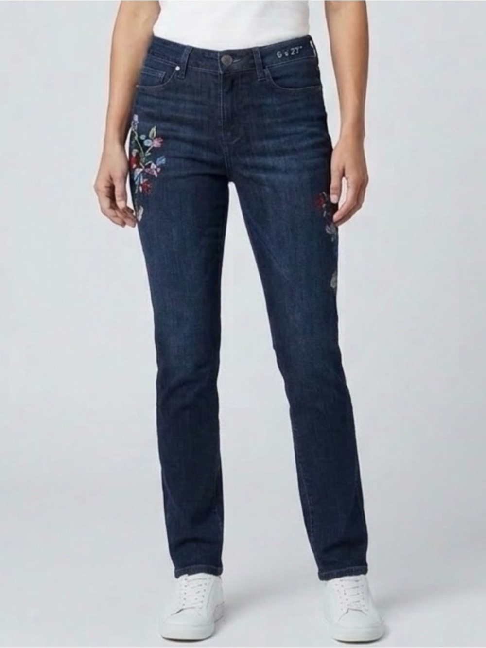J. Jill Dark Wash Denim Floral Embroidered Authentic Fit Slim Ankle Jean Size 6